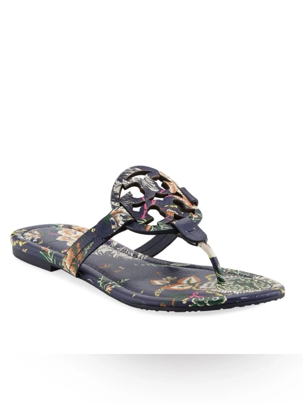 Tory Burch Happy Times Navy Floral Printed Tumbled Leather Miller Sandals